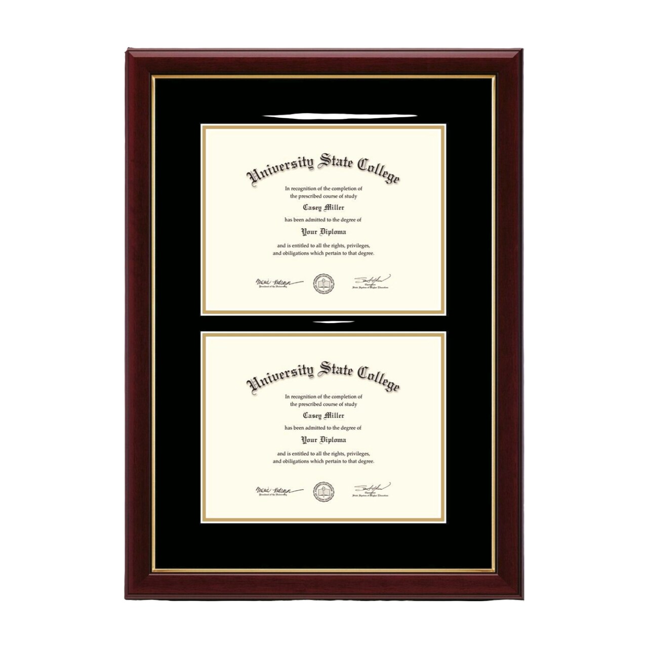Framerly - 11"w x 8.5"h Double Document Diploma Frame - Solid Hardwood Moulding with Cherry Lacquer Finish and Black and Gold Matting